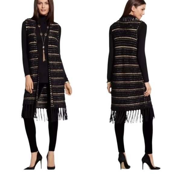 Chicos Womens Multicolor Striped‎ Duster Sweater Vest Farren Fringe Size 2 - Picture 2 of 13